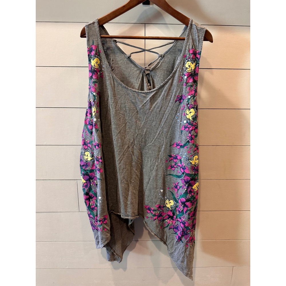 Torrid Disney Little Mermaid Flounder Floral Tank Top Gray Lace Up Back size 5